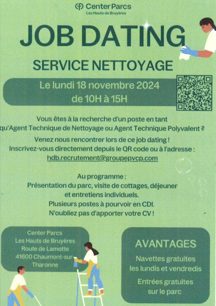 Affiche JOB DATING NETTOYAGE CENTER PARC