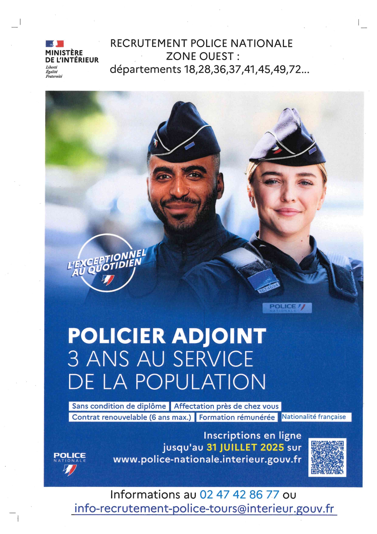 Recrutement policier adjoint inscription jusqu'au 31/07/2025